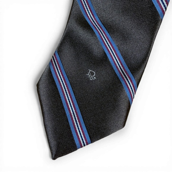 Christian Dior Mens Silk Blend Striped Tie Charcoal Grey Blue Burgundy Italy - Picture 2 of 7